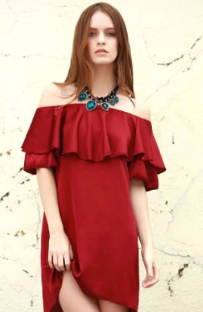 vestido evening ombro a ombro com babado